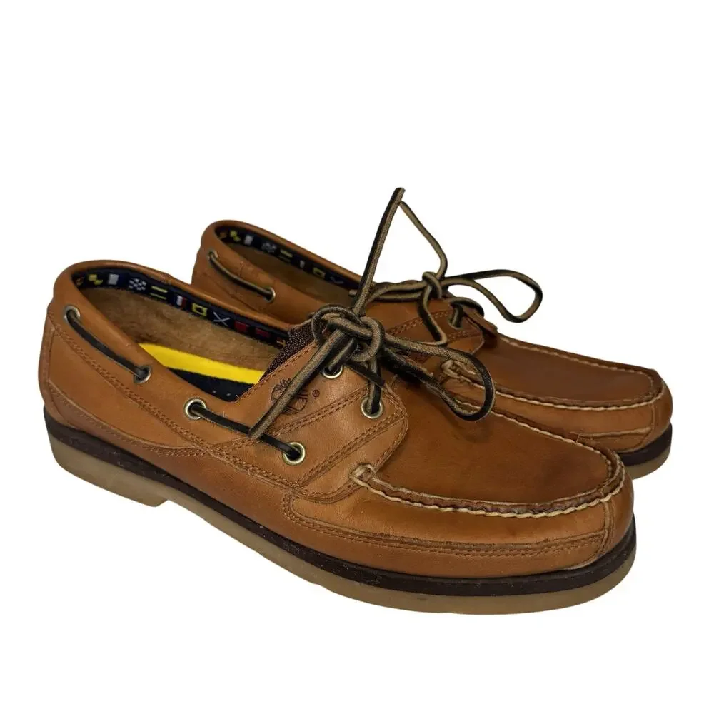 Timberland Men's Size 10 Tan Leather Hand Sewn Boston Boat Shoes Slip On Classic